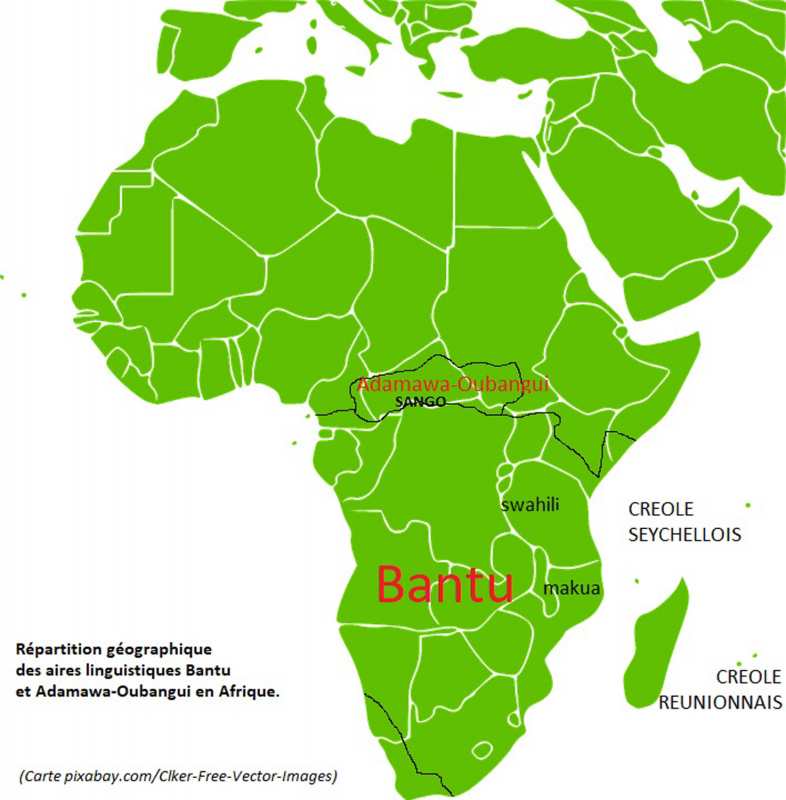 Annexe 1 : Carte géographique « Répartition géographique des aires linguistiques Bantu et Adamawa-Oubangui en Afrique », Hummel, 2019