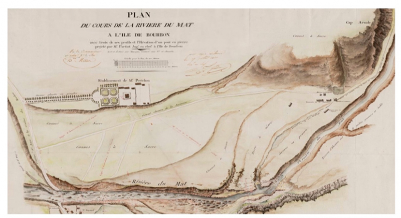 Fig. 4 : Extrait du plan du cours de la rivière du Mât à l’île de Bourbon par M. Partiot, ingénieur en chef à l’Île de Bourbon