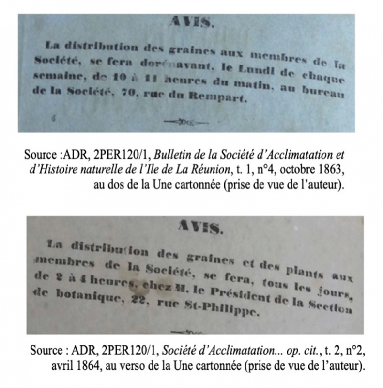 Fig. 7 : Avis de distributions de graines de la Société d’Acclimatation entre 1863 et 1864