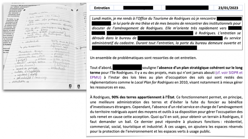 Figure 2. Exemples de note de terrain et de compte rendu d’entretien non enregistré
