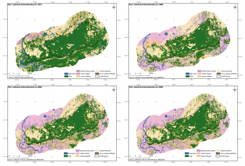Fig. 2 - Évolution de l’occupation des sols du Parc d’Ankarafantsika et de ses alentours entre 1973 et 2016