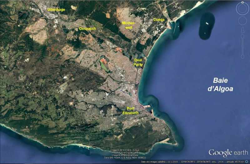 Figure 2 – Extraction Google Earth situant le bipôle portuaire de la baie d’Algoa dans son environnement urbain